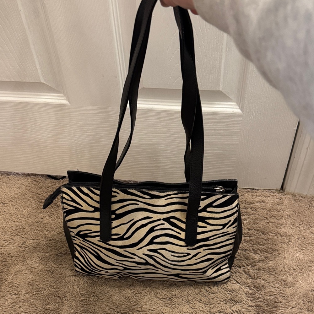 Chic Zebra Print Shoulder Bag with Black Straps